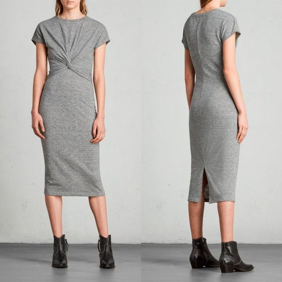 ALL SAINTS Paloma Striped Midi Dress with Knot Front Charcoal Grey Sz XS - Picture 2 of 12